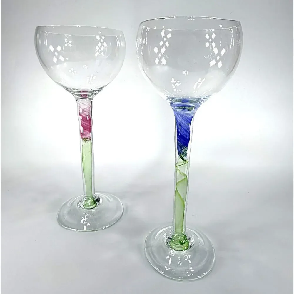 Set 2 Chris Baker Salmon Art Glass Wine Glass Pink Blue Swirl Signed 8.5
